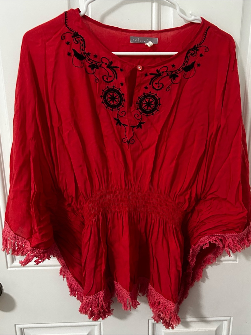 Solaris Bohemian Style Kaftan Blouse Coral & Black Festival Peasant Top Size:L